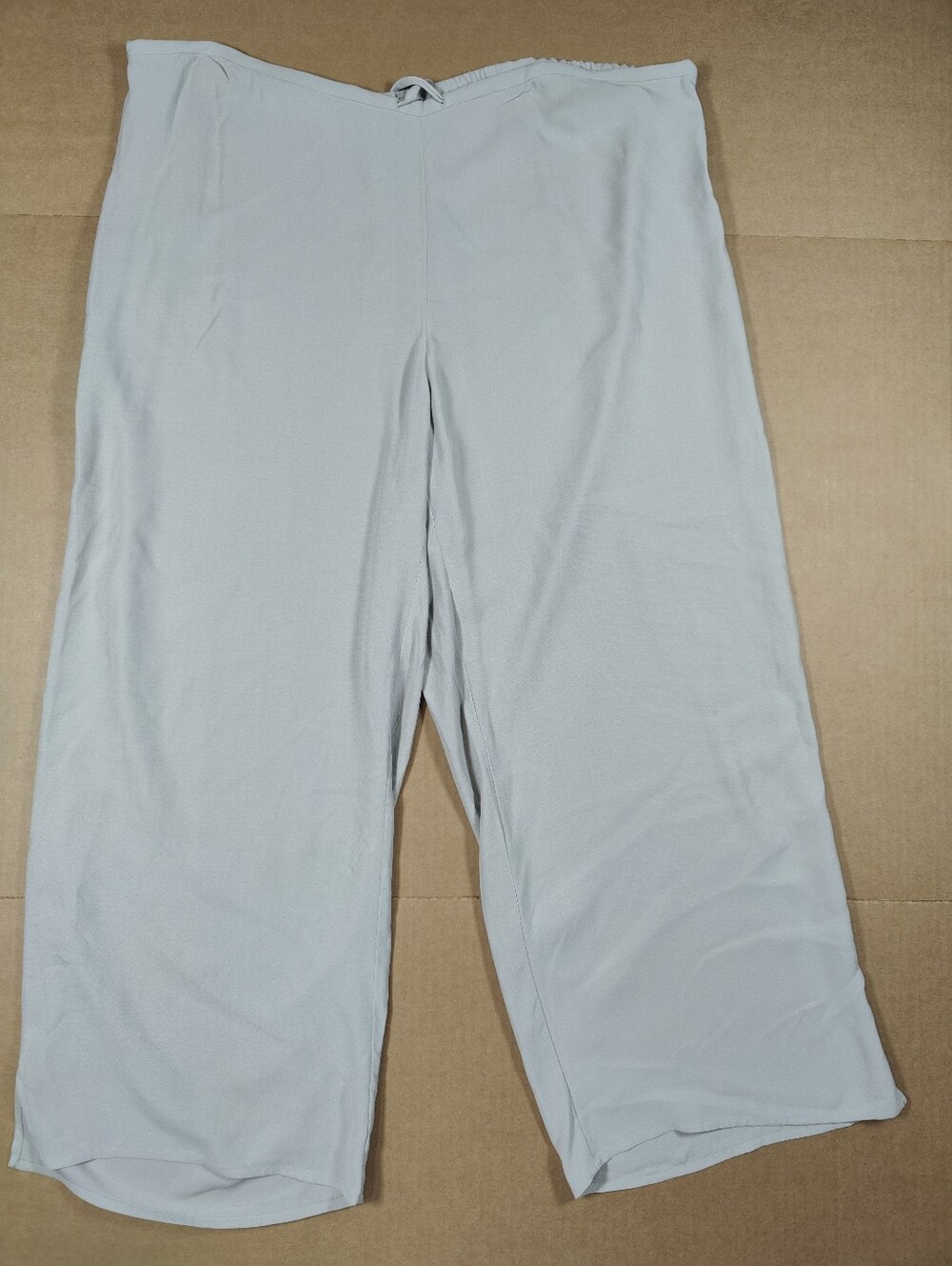 Eileen Fisher Womens 100% Silk Wide Leg Light Gray Cropped Drawstring Pants Sz L